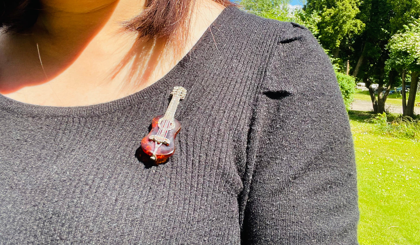 Handmade Genuine Cognac Amber Classical Guitar 🎸 Brooch