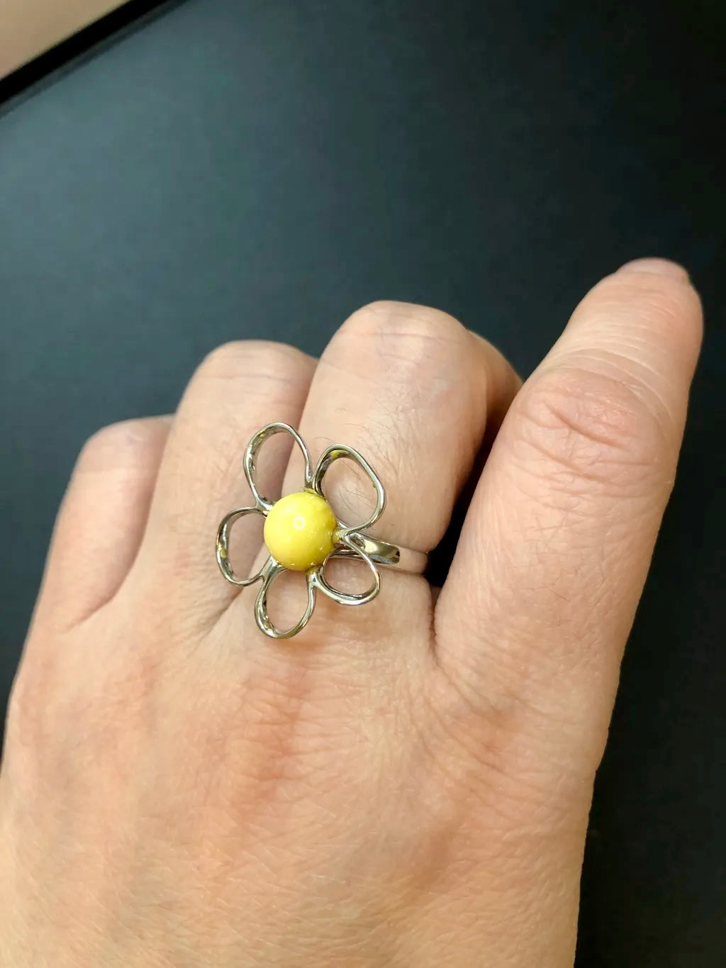Handmade Baltic Natural Beeswax Amber Apple Blossom 925 Sterling Silver Ring Size 6.5