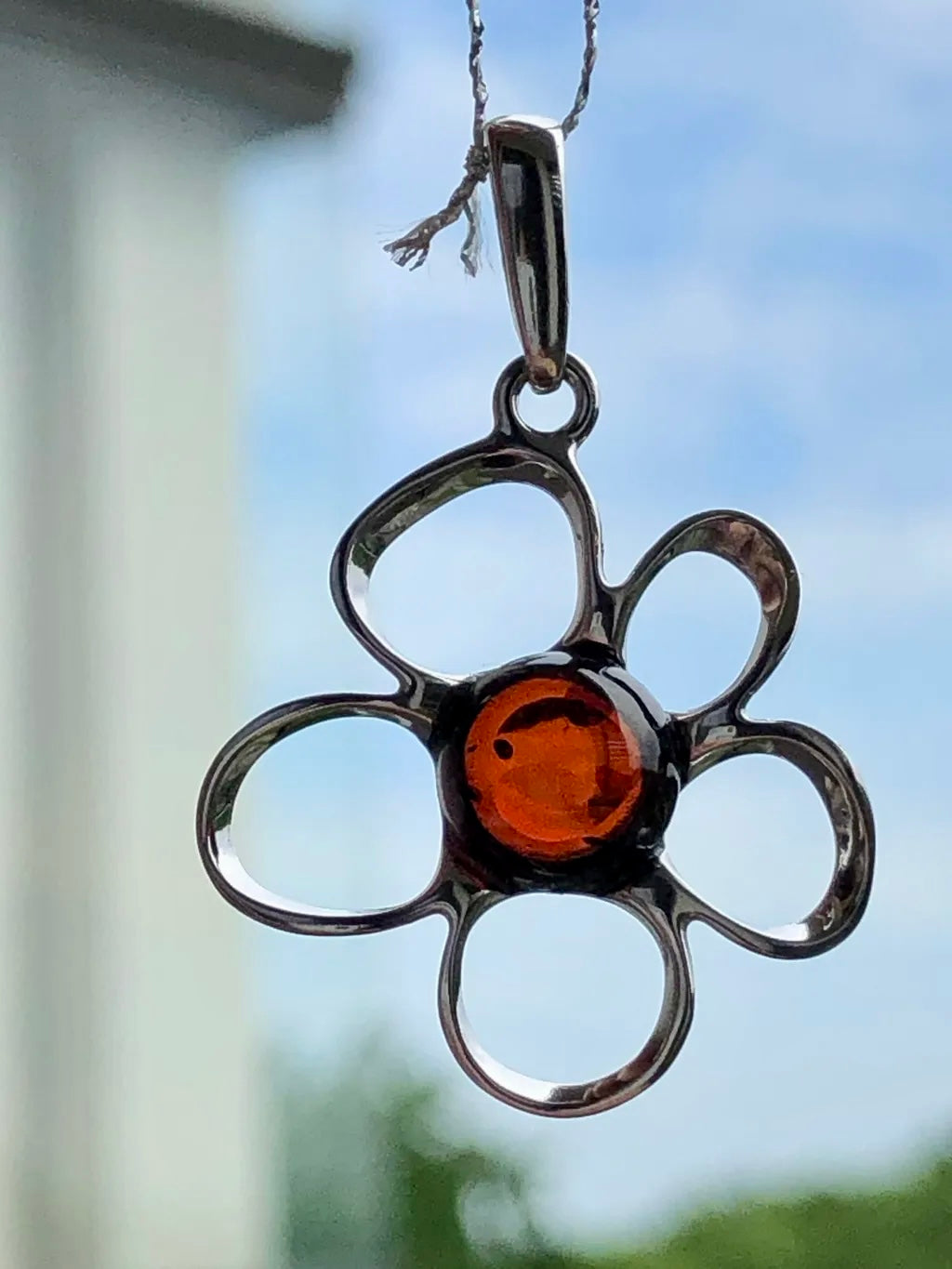Handmade Baltic Natural Piebald Amber Apple Blossom 925 Sterling Silver Pendant (without a chain)