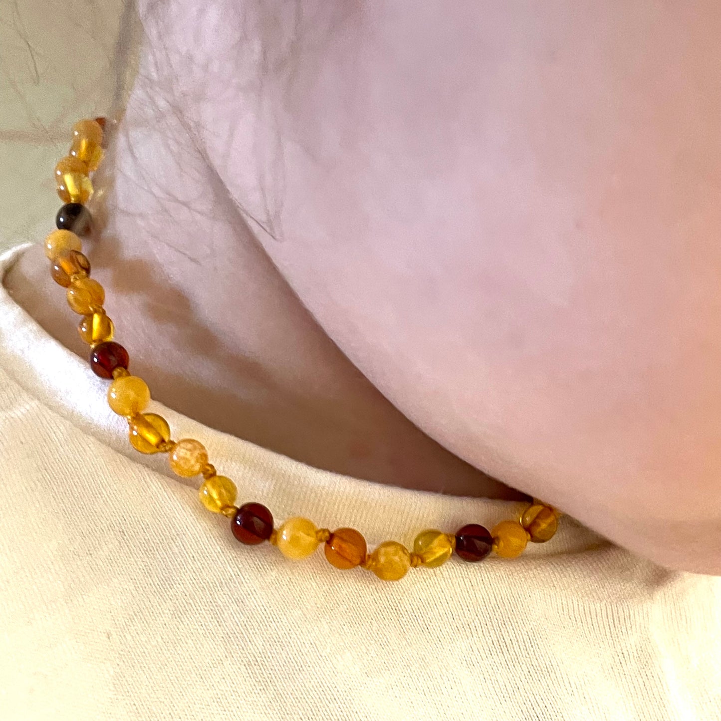 Handmade Baltic Natural Amber Teething Necklace - Multi Colors Round Breads