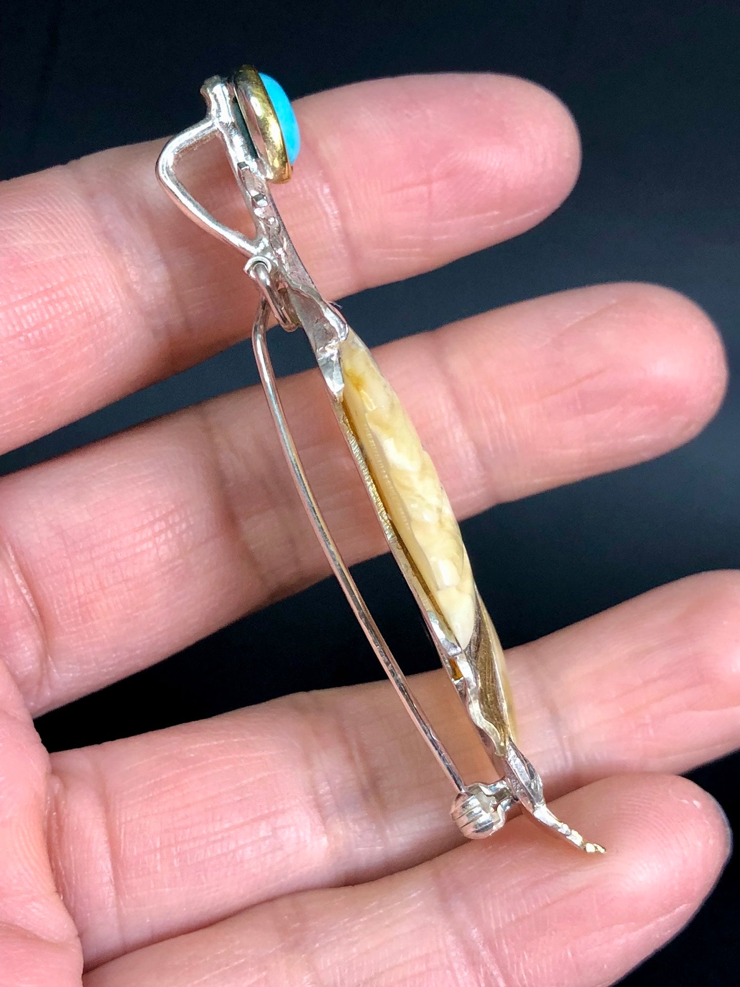 Handmade Genuine Baltic Natural White Amber with turquoise 925 feather-shaped three-dimensionalPendant/Brooch without a chain