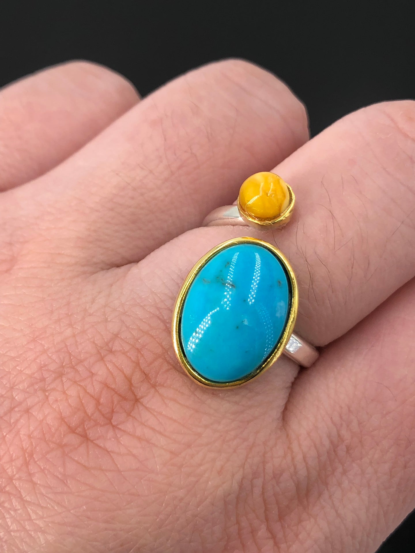 Handmade Natural Turquoise and Yellow Amber Ring