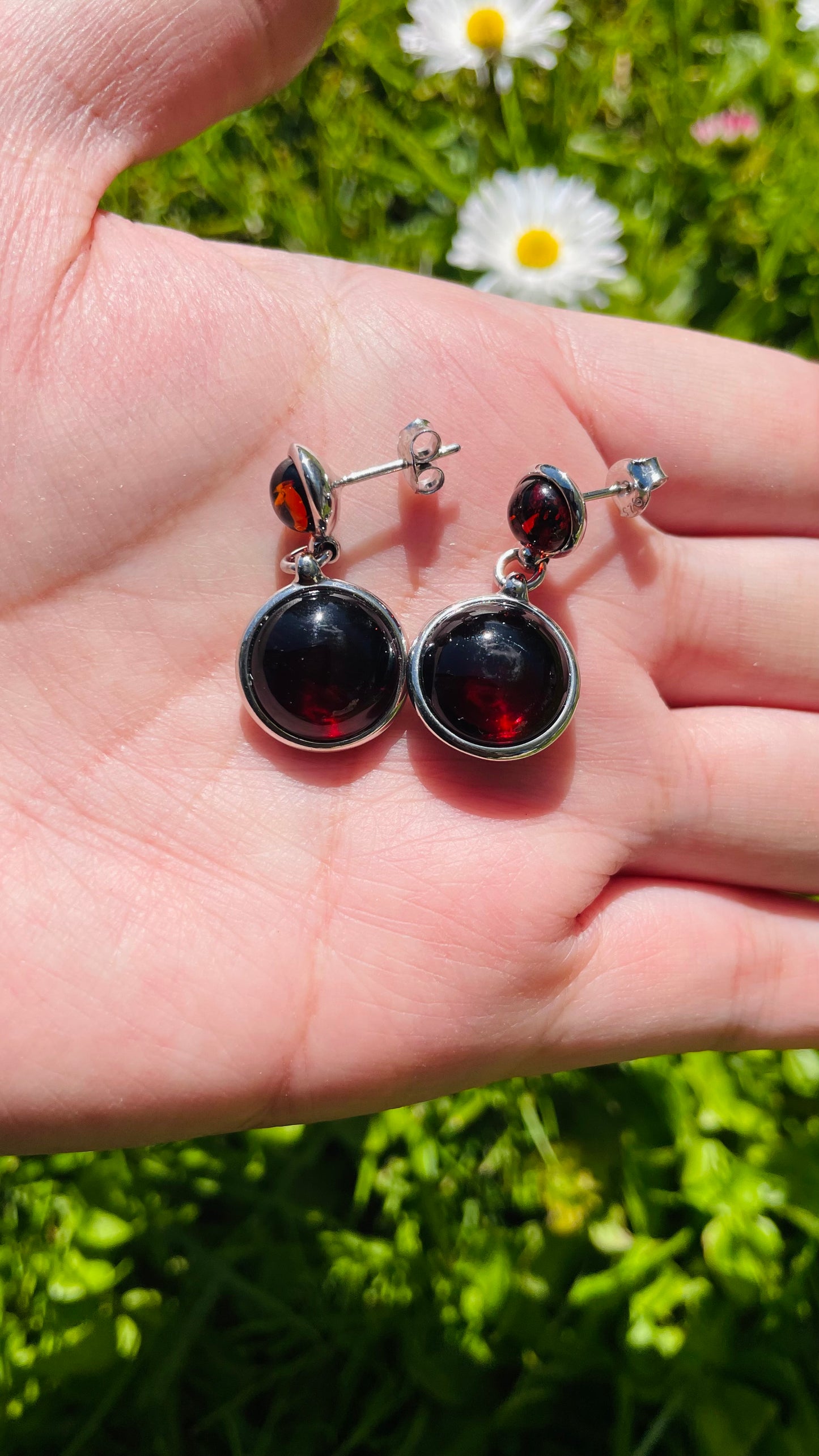 Handmade Baltic Natural Red Amber Round Tag 925 Sterling Silver Earrings