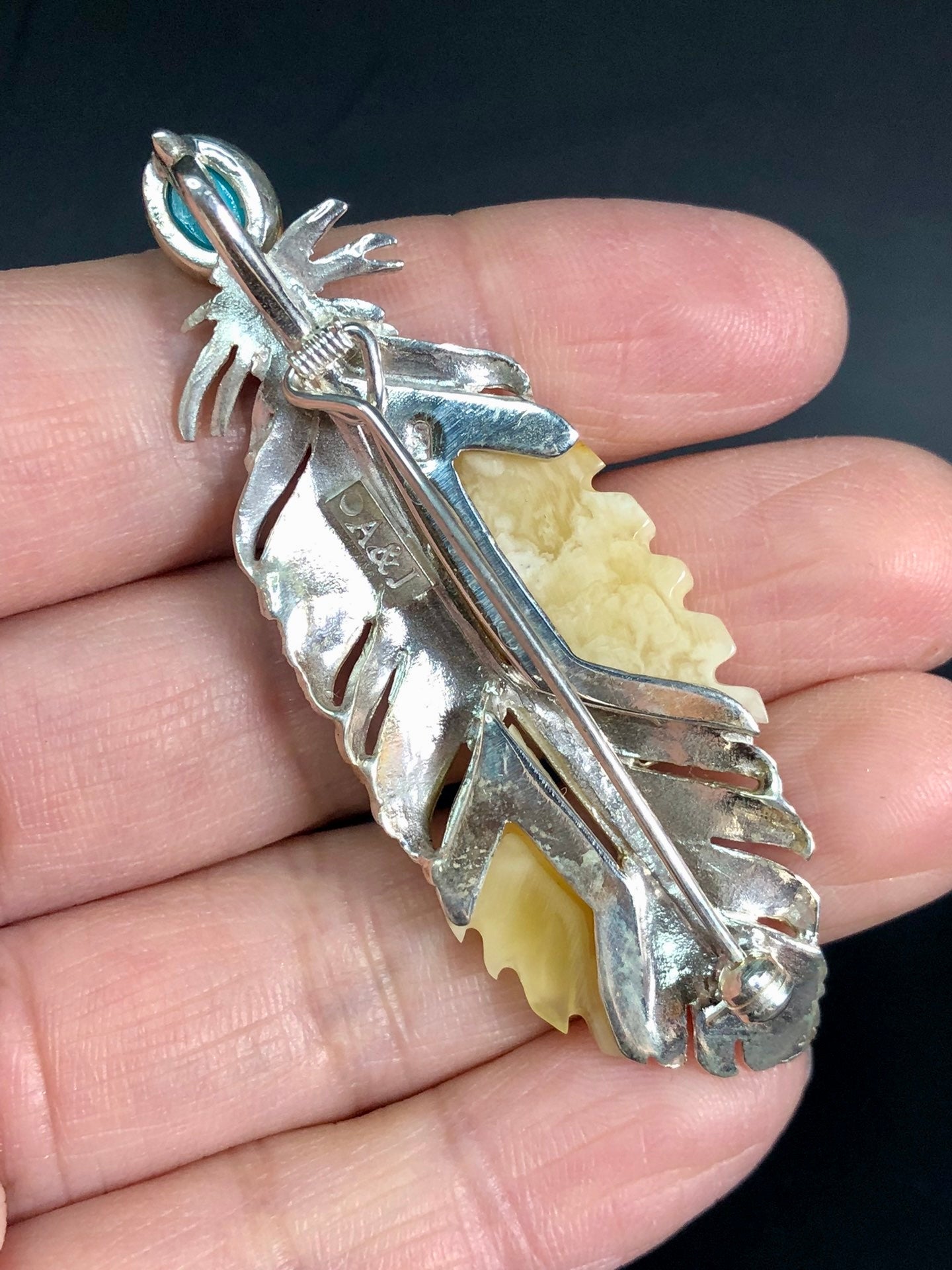 Handmade Genuine Baltic Natural White Amber with turquoise 925 feather-shaped three-dimensionalPendant/Brooch without a chain