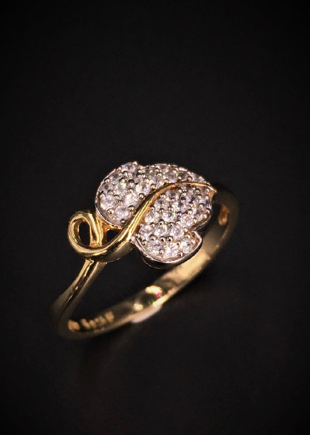 Stem Vine Leaf Swarovski Crystal Pave Setting 18K Gold Plated 925 Sterling Silver Ring
