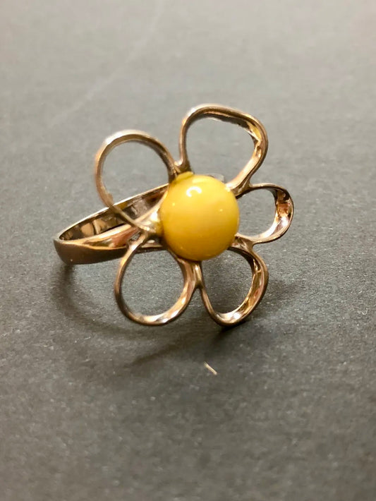 Handmade Baltic Natural Beeswax Amber Apple Blossom 925 Sterling Silver Ring Size 6.5