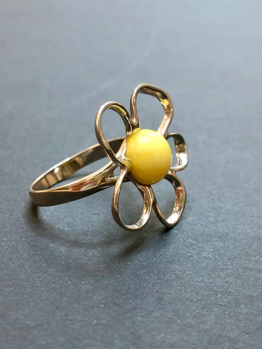 Handmade Baltic Natural Beeswax Amber Apple Blossom 925 Sterling Silver Ring Size 6.5