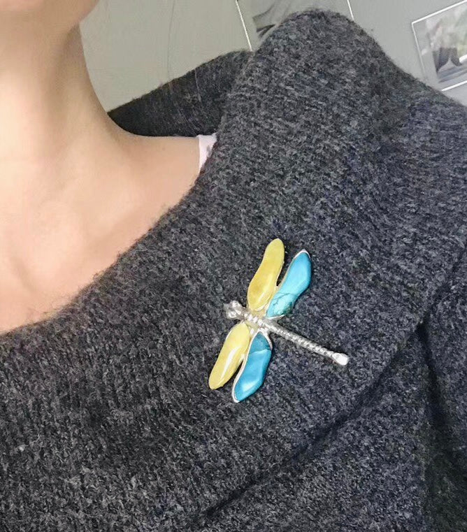 Handmade Genuine Baltic Natural Yellow Amber and American Turquoise (Dragonfly 🦗 Brooch & Pendant) with a leather rope