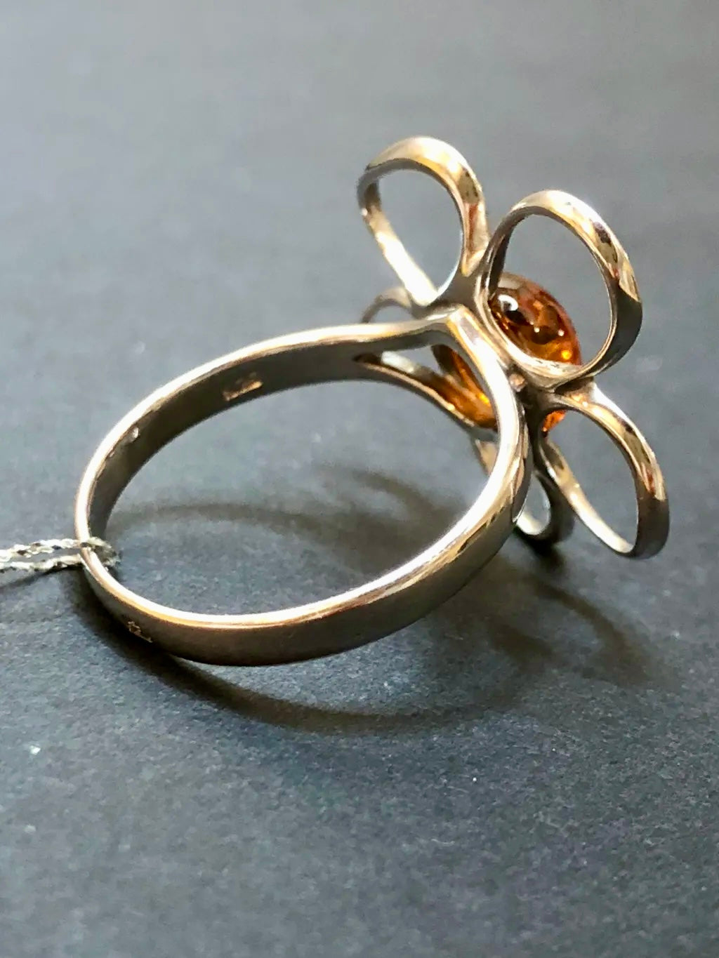 Handmade Baltic Natural Piebald Amber Apple Blossom 925 Sterling Silver Ring Size 7.5