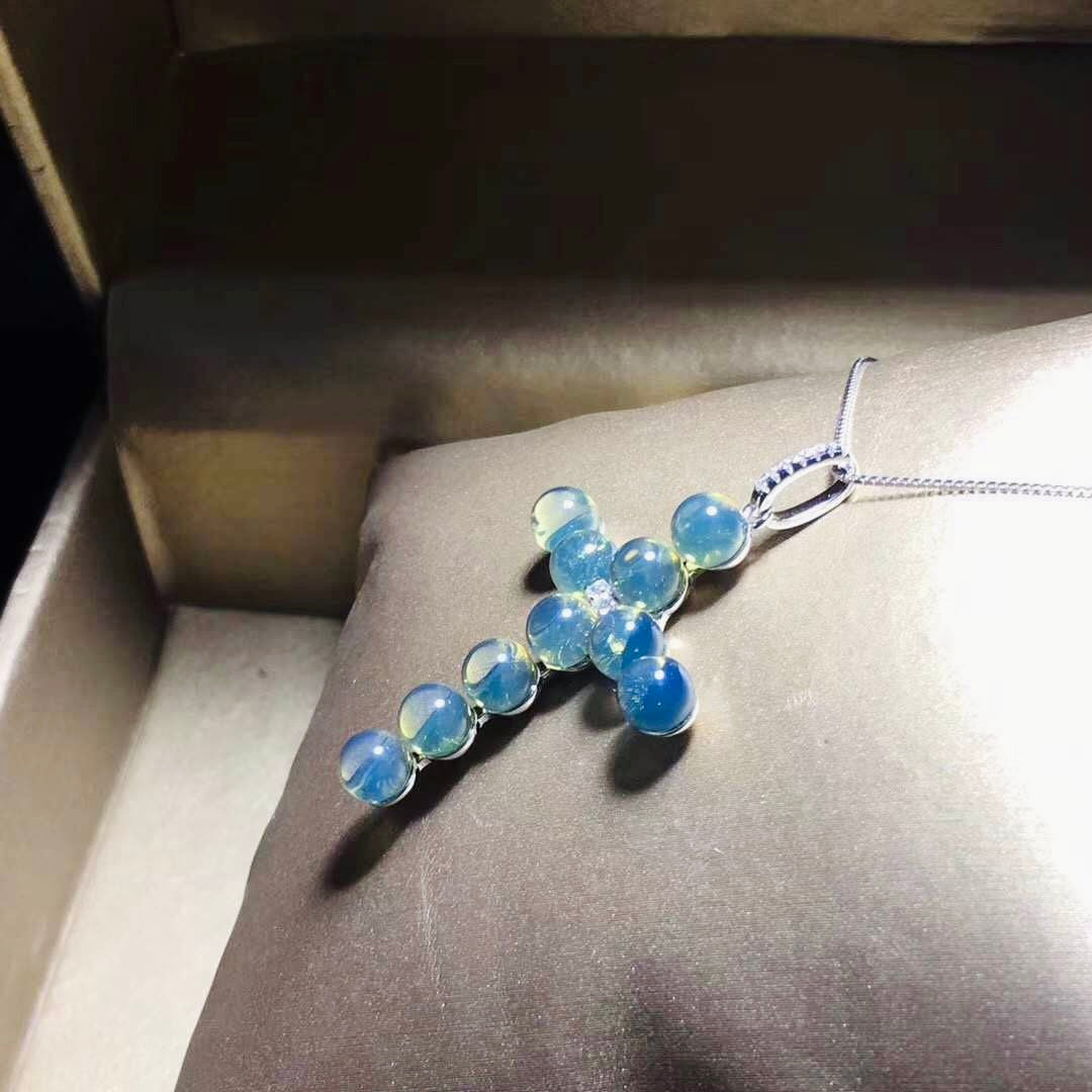 Handmade Genuine Baltic Natural Blue Amber Cross Pendant ✝️with a Chain